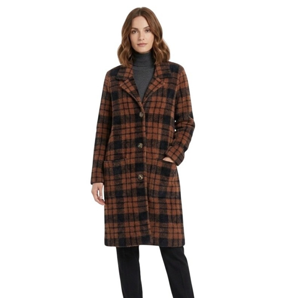 Cyrus Coatigan Womens Large Brown Plaid Knit Long Button Front Classic Cozy Soft